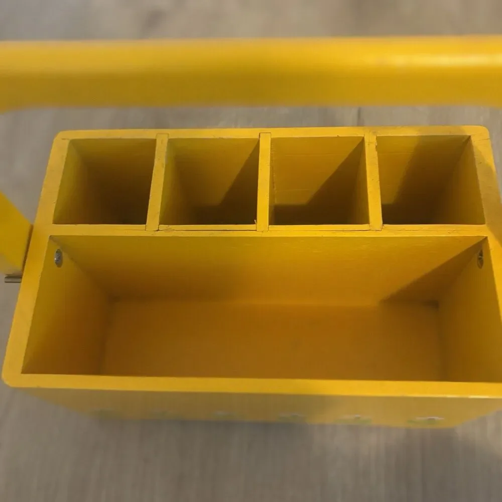 Vtg 1984 Teleflora Yellow Wooden Handle Caddy Desk Organizer Flower Crate 8in